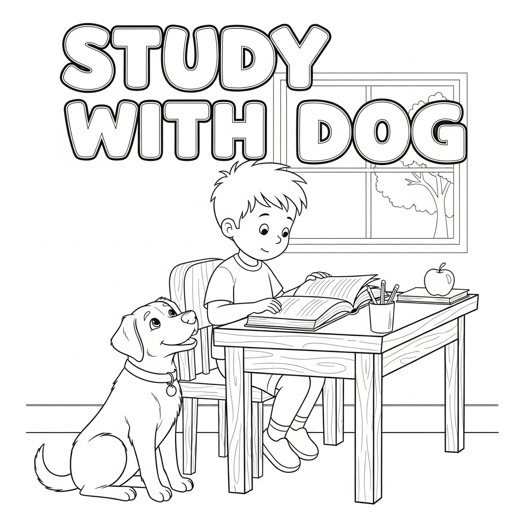 Study with dog coloring page, child reading with dog to encourage learning together and empathy 孩子與狗學習填色圖,培養同理心與讀書習慣