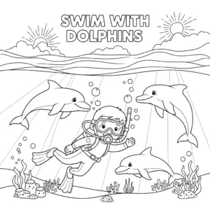scuba diver swimming with dolphins coloring page for kids | 儿童与海豚同游潜水填色图