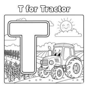 Letter T for Tractor coloring page – Cartoon tractor on farm with sun, clouds, crops