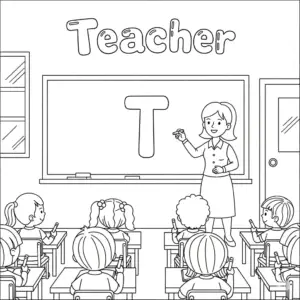 Teacher coloring page with big letter T and classroom