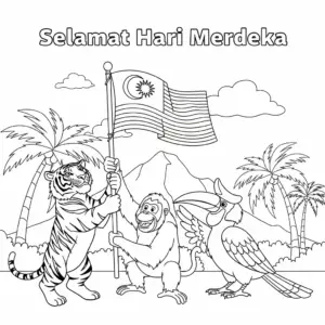 马来亚虎、红毛猩猩和犀鸟一起升旗 / Malayan tiger, orangutan, and hornbill raising the Malaysian flag together