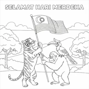 马来亚虎、红毛猩猩和犀鸟一起升旗 / Malayan tiger, orangutan, and hornbill raising the Malaysian flag together