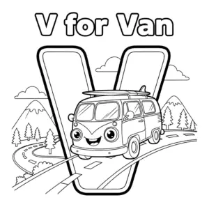 Letter V for Van coloring page – Cartoon van on road with mountains, trees