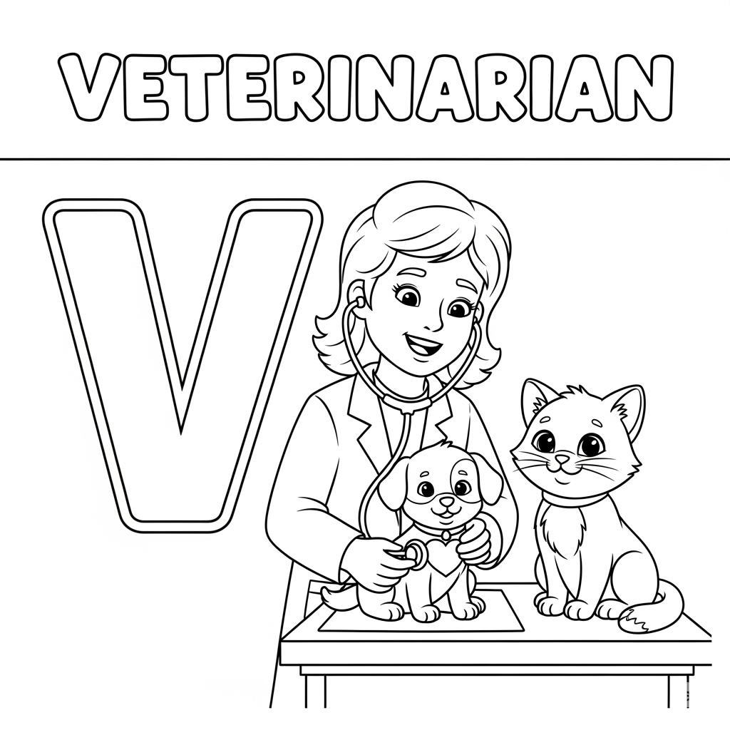Veterinarian — 兽医 Veterinarian coloring page — Letter V 兽医填色页