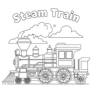 A side view of a classic steam train with a big chimney and smoke clouds.