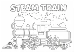 A side view of a classic steam train with a big chimney and smoke clouds.
