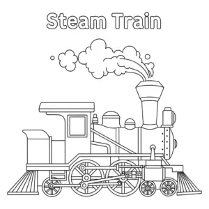 A side view of a classic steam train with a big chimney and smoke clouds.