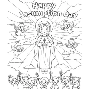 Cartoon Virgin Mary with angels and "Happy Assumption Day" bubble letters coloring page| 圣母玛利亚与天使及“Happy Assumption Day”泡泡字儿童填色图