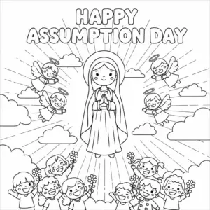 Cartoon Virgin Mary with angels and "Happy Assumption Day" bubble letters coloring page| 圣母玛利亚与天使及“Happy Assumption Day”泡泡字儿童填色图