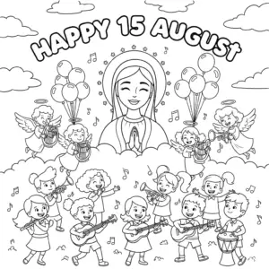 Virgin Mary sky celebration with "Happy 15 August" bubble letters coloring page 圣母玛利亚天空庆典及“Happy 15 August”泡泡字填色图