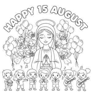 Virgin Mary sky celebration with "Happy 15 August" bubble letters coloring page 圣母玛利亚天空庆典及“Happy 15 August”泡泡字填色图