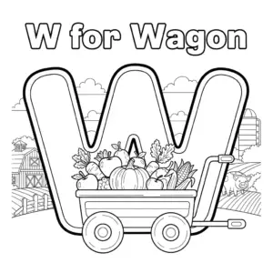 Letter W for Wagon coloring page – Cartoon wagon with fruits, vegetables, farm