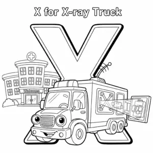 Letter X for X-ray Truck coloring page – Cartoon X-ray inspection truck, hospital