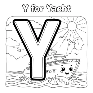 Letter Y for Yacht coloring page – Cartoon yacht at sea, sun, seagulls