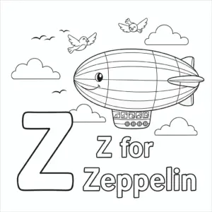 Letter Z for Zeppelin coloring page – Cartoon zeppelin in sky, clouds, birds