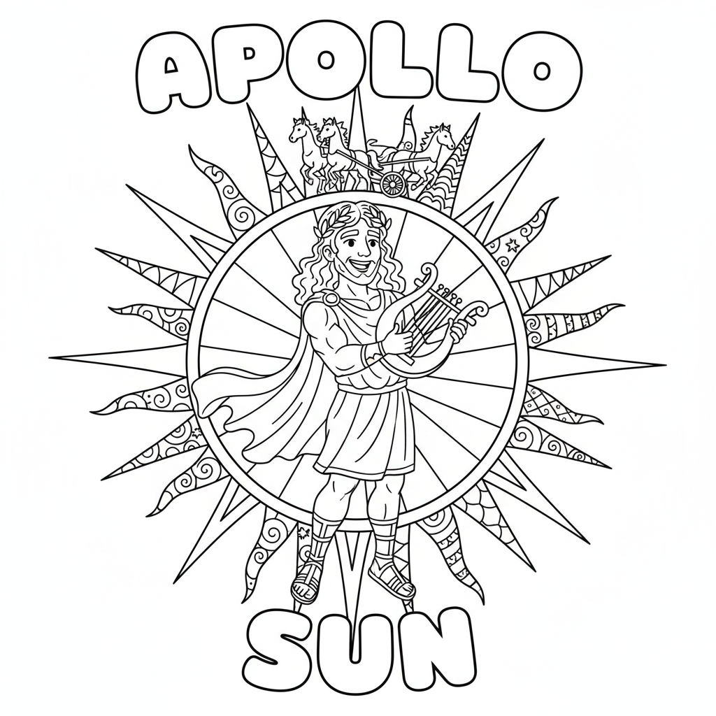 Apollo holding a lyre with sun rays behind him, cheerful line art suitable for kids to color while learning the word sun and musical iconography