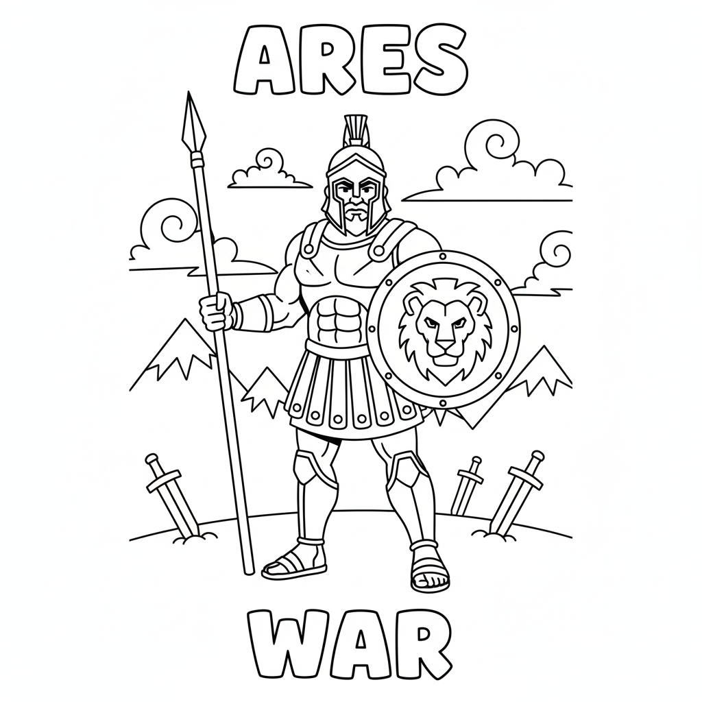 Ares the god of war in child-friendly armor with shield and spear, simplified battlefield accents for coloring while learning the word war in English