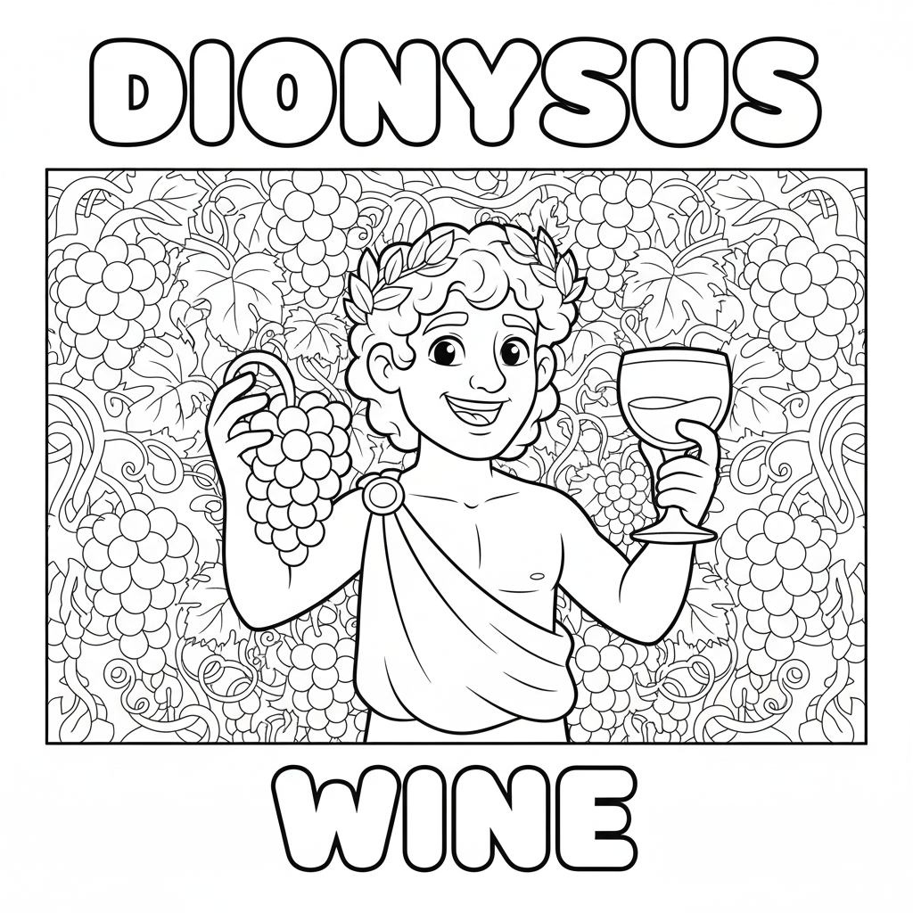 Dionysus with grapes and wine cup but drawn as gentle, playful character, child-suitable line art for coloring while learning about myth symbols and vocabulary