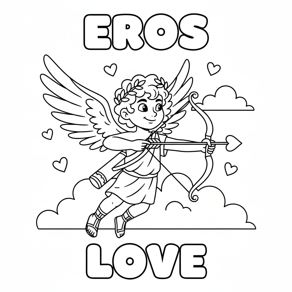 Eros as a friendly little winged figure holding a bow, hearts in the background, simple line art to teach the concept of love and myth characters to children