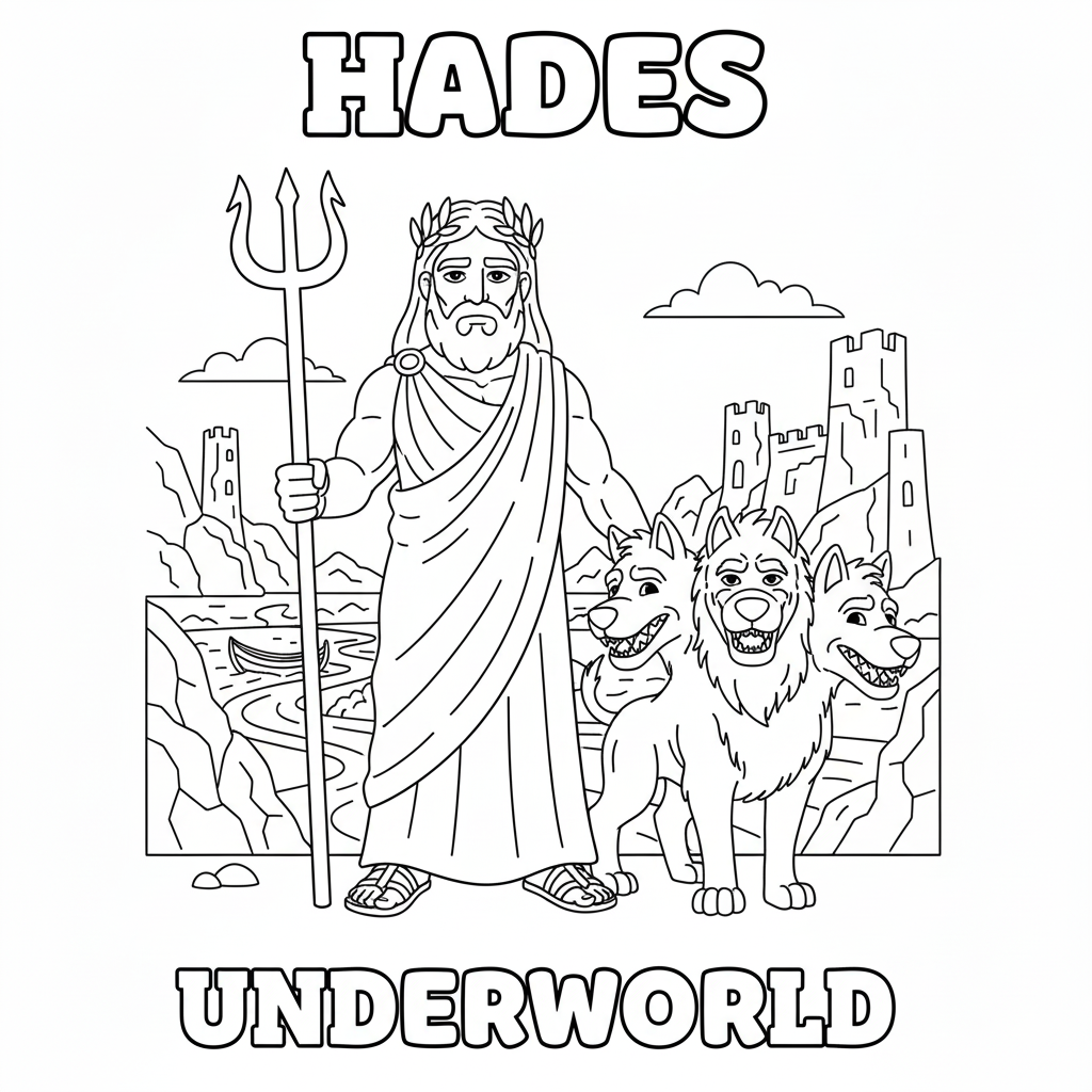 Hades with Cerberus and simple underworld motif, child-appropriate line drawing for coloring and myth discussion, labelled with name and keyword