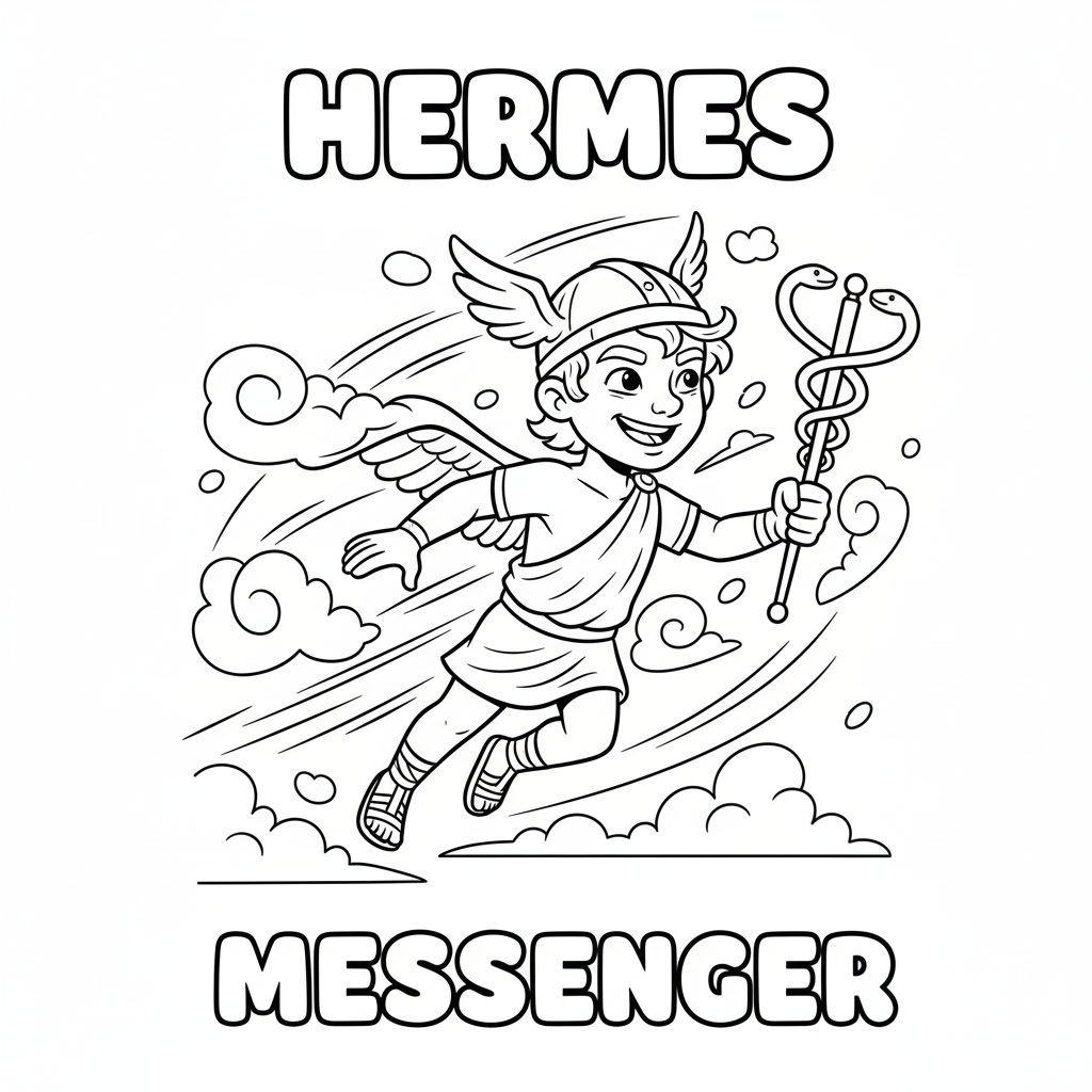 Hermes with winged sandals and caduceus, a friendly cartoon style line art for kids to color, messenger god teaching vocabulary and myth basics
