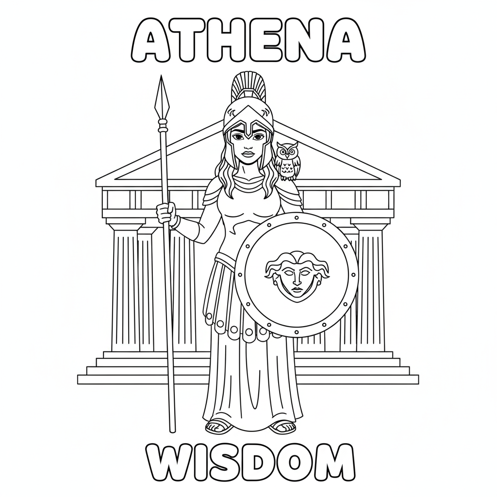 Athena with spear, helmet and owl, simplified educational line art for kids, ideal for learning the word wisdom and Greek myth basics