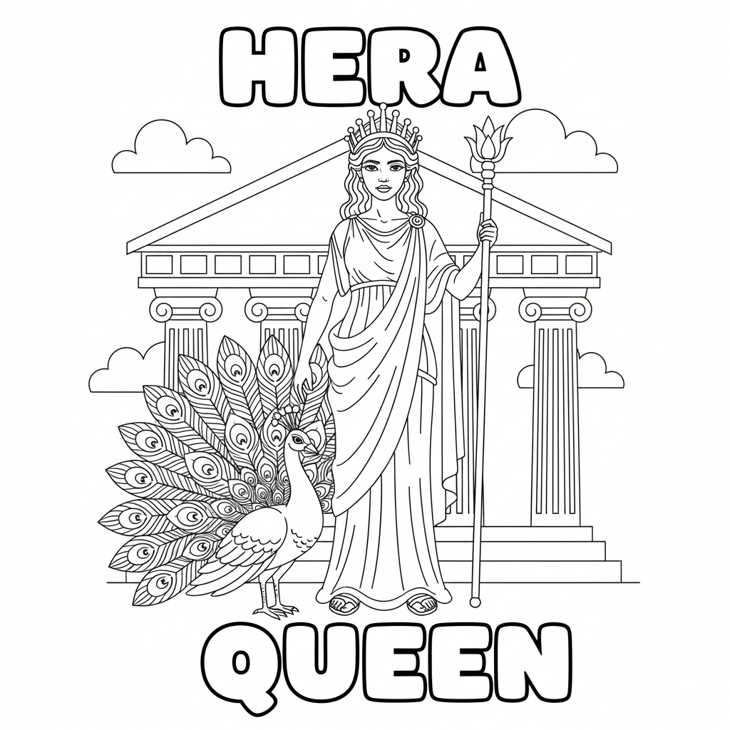Hera wearing a crown beside a peacock, friendly queen-like figure in line art for kids to color, educational sheet that introduces royal iconography