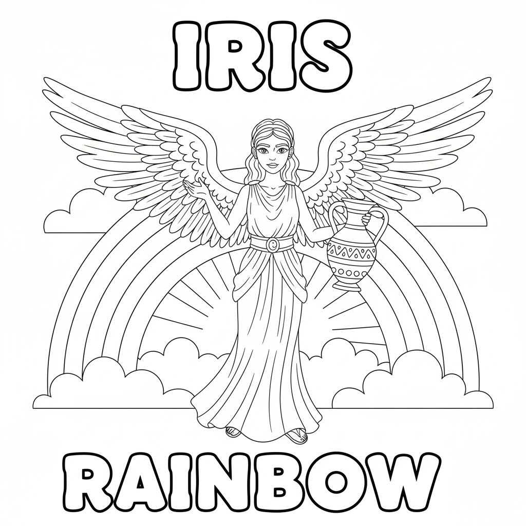 Iris the rainbow messenger goddess shown with flowing wings and a small rainbow, drawn as a clear educational coloring page for kids with name and keyword labels