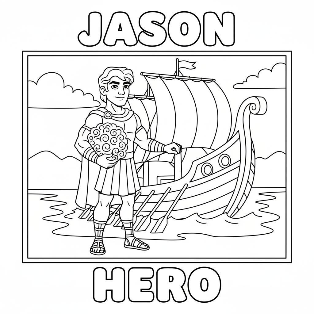 Jason holding the golden fleece beside his ship Argo, clear line art for children to color, hero scene, Greek mythology educational sheet with name and keyword