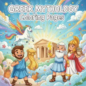 希腊神话涂色图入口，包含宙斯、雅典娜、飞马、杰森和金羊毛，卡通风格，儿童适合填色 | Greek mythology coloring pages entrance with Zeus, Athena, Pegasus, Jason and the Golden Fleece, cartoon-friendly for kids coloring