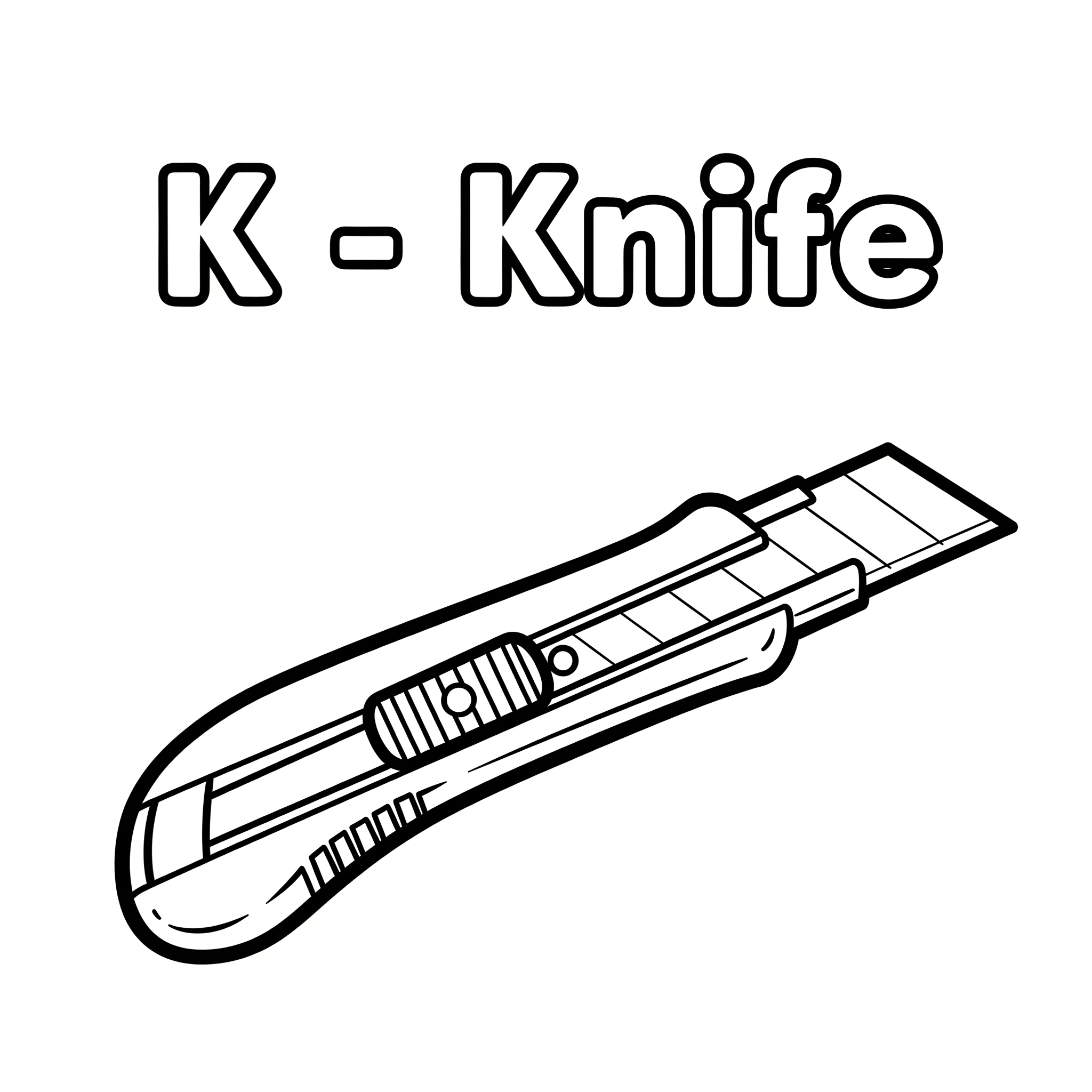 Children's coloring page of utility knife with bold outlines and English word K – Knife