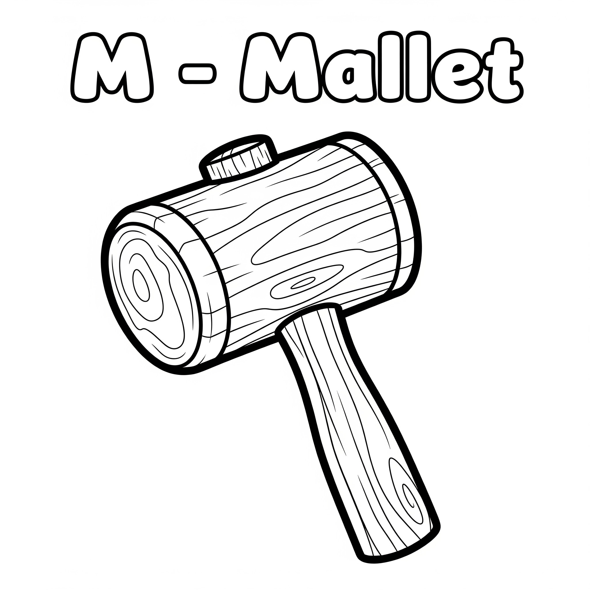 Wooden mallet coloring page with cartoon style and English word M – Mallet
