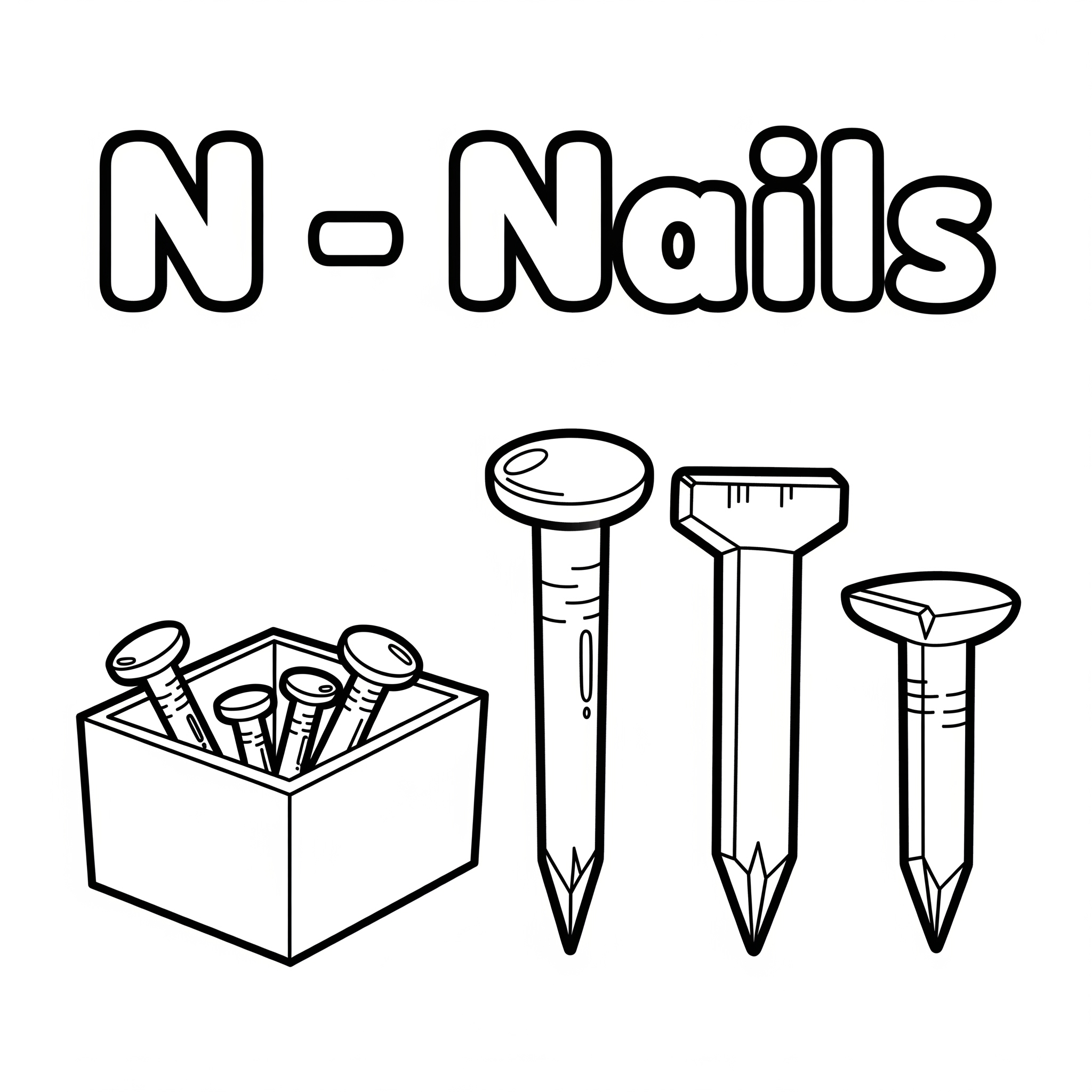Children's coloring sheet of nails in a box with English word N – Nails