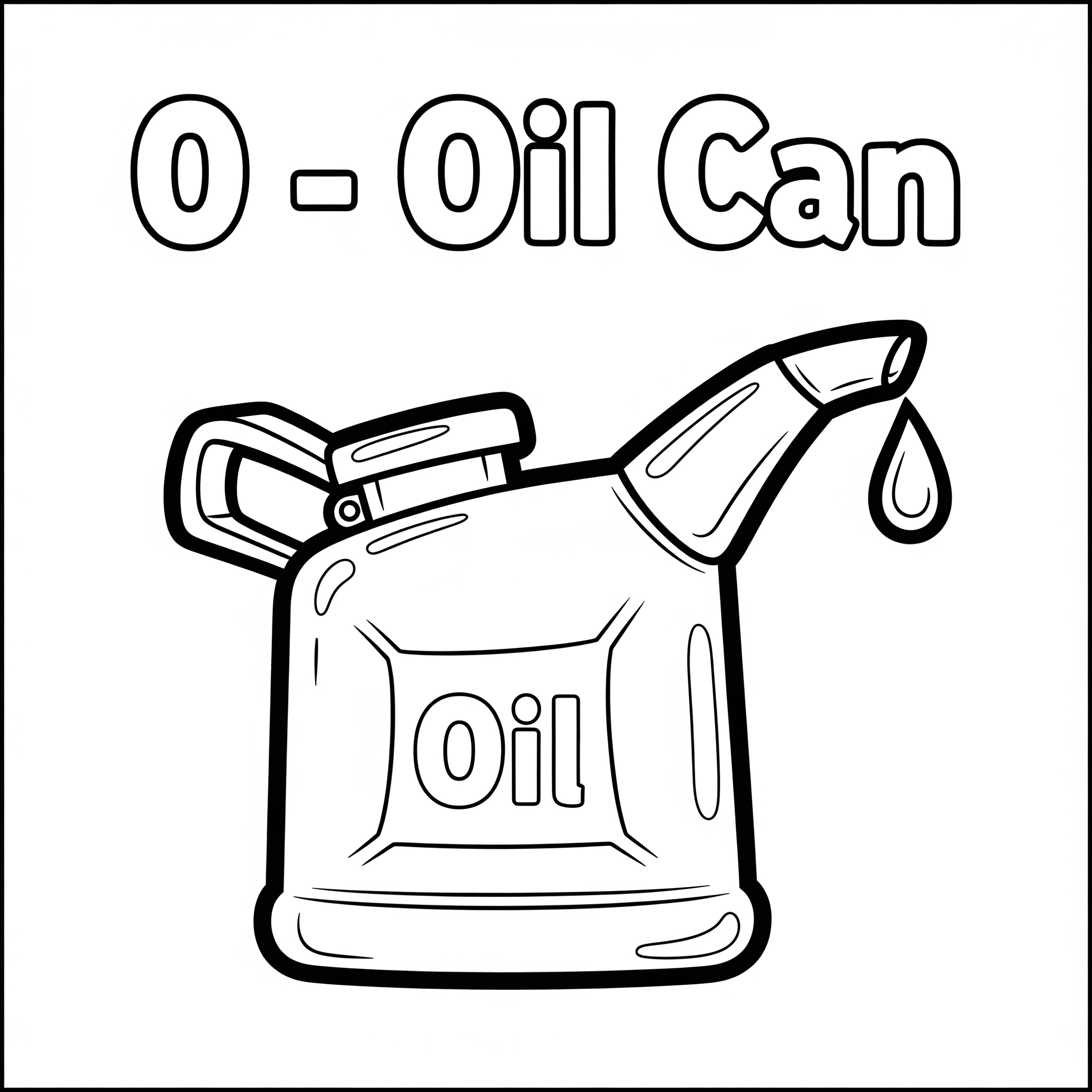 Oil can coloring page in black and white line art with English word O – Oil Can