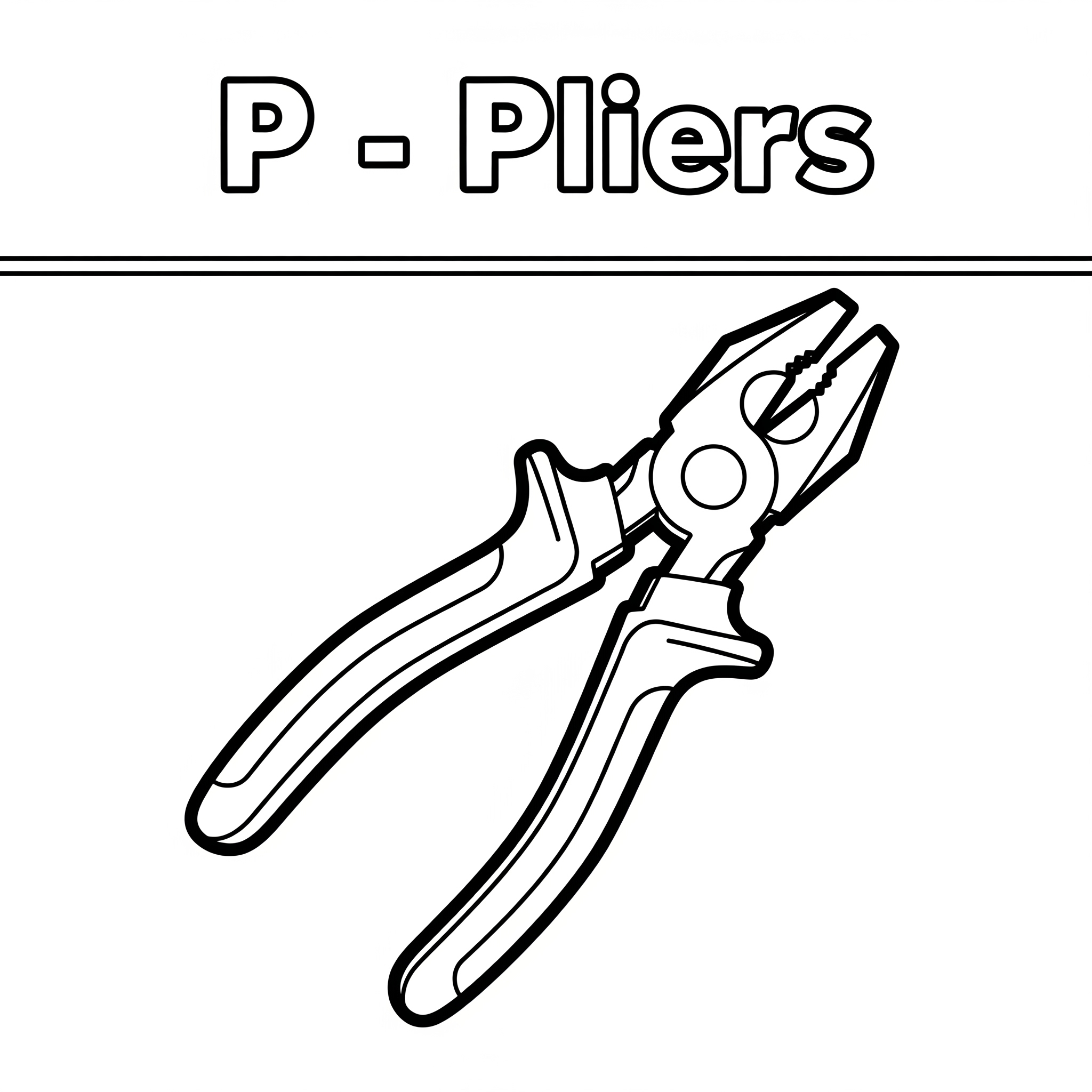 Kids printable coloring page of pliers with bold outlines and English word P – Pliers