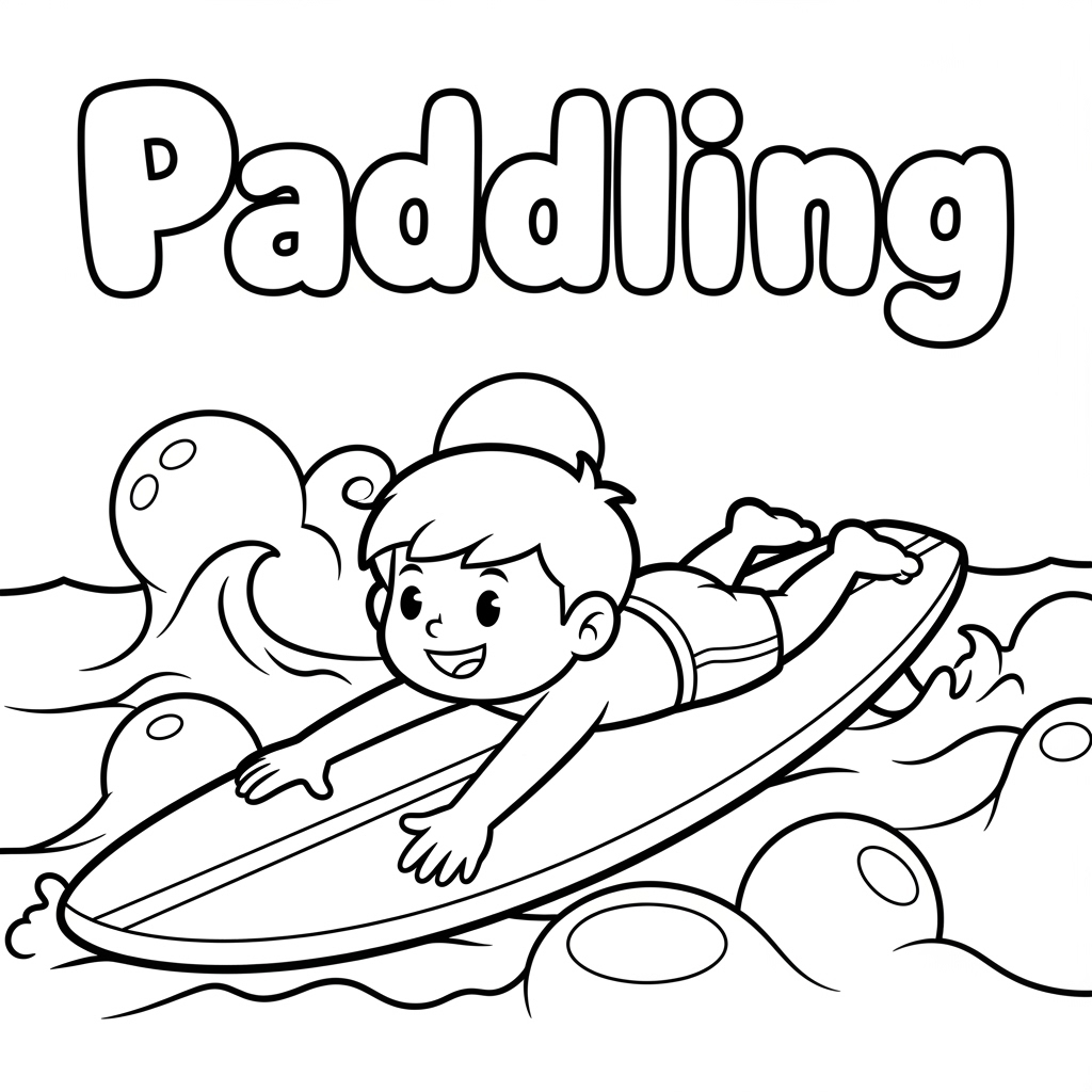 儿童冲浪划水涂色图 Paddling surfing coloring page for kids free printable
