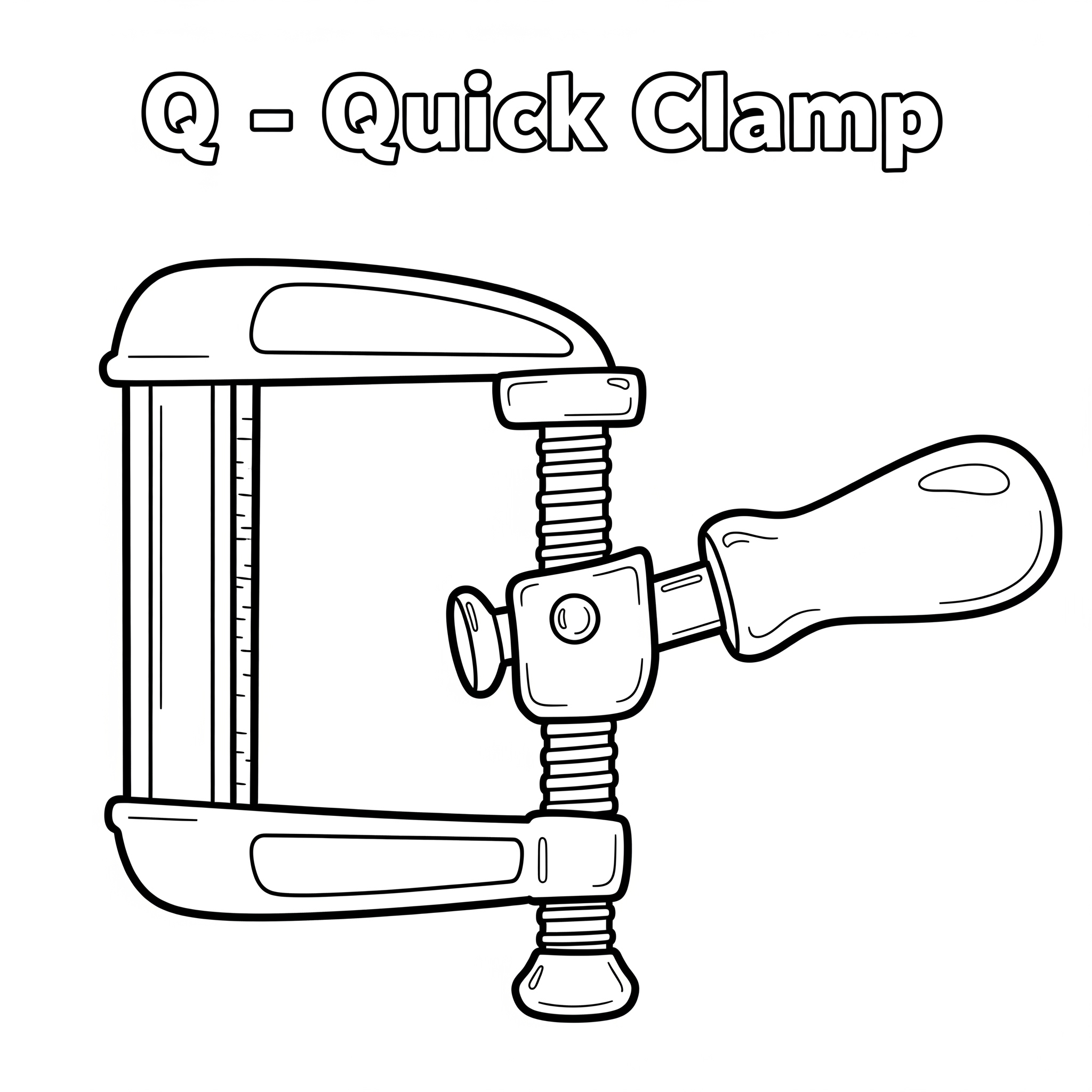 Quick clamp tool coloring sheet with bold outlines and English word Q – Quick Clamp