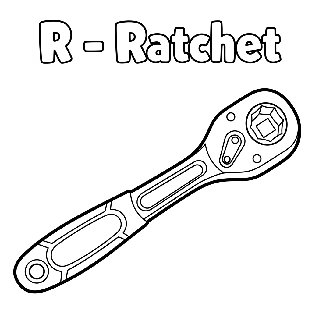 Ratchet wrench (socket wrench) coloring page with thick outlines and English word R – Ratchet