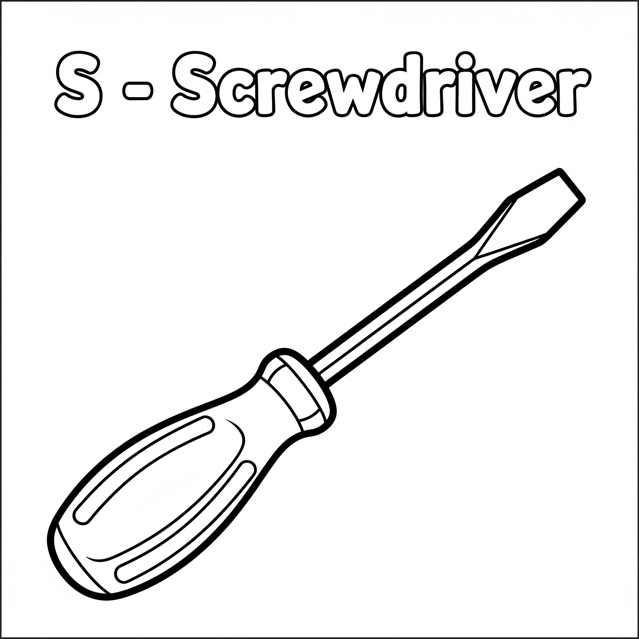 Screwdriver coloring page in cartoon style with English word S – Screwdriver