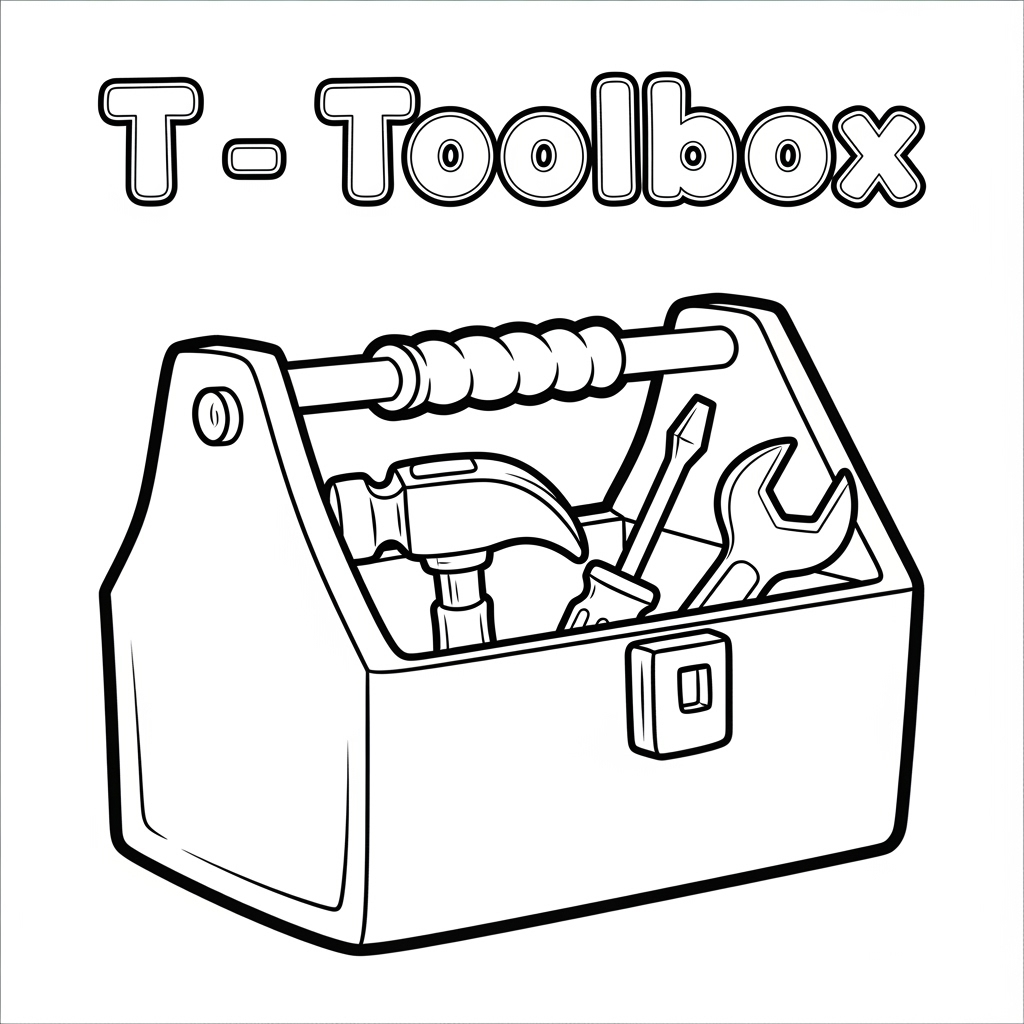 Children's toolbox coloring page with cartoon line art and English word T – Toolbox