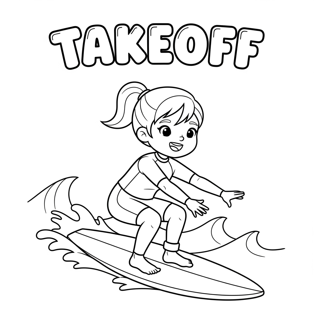 儿童冲浪起乘动作涂色图 Takeoff surfing coloring page free printable