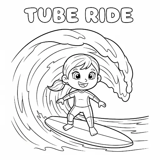 儿童冲浪管中滑行涂色页 Tube Ride surfing coloring page free kids