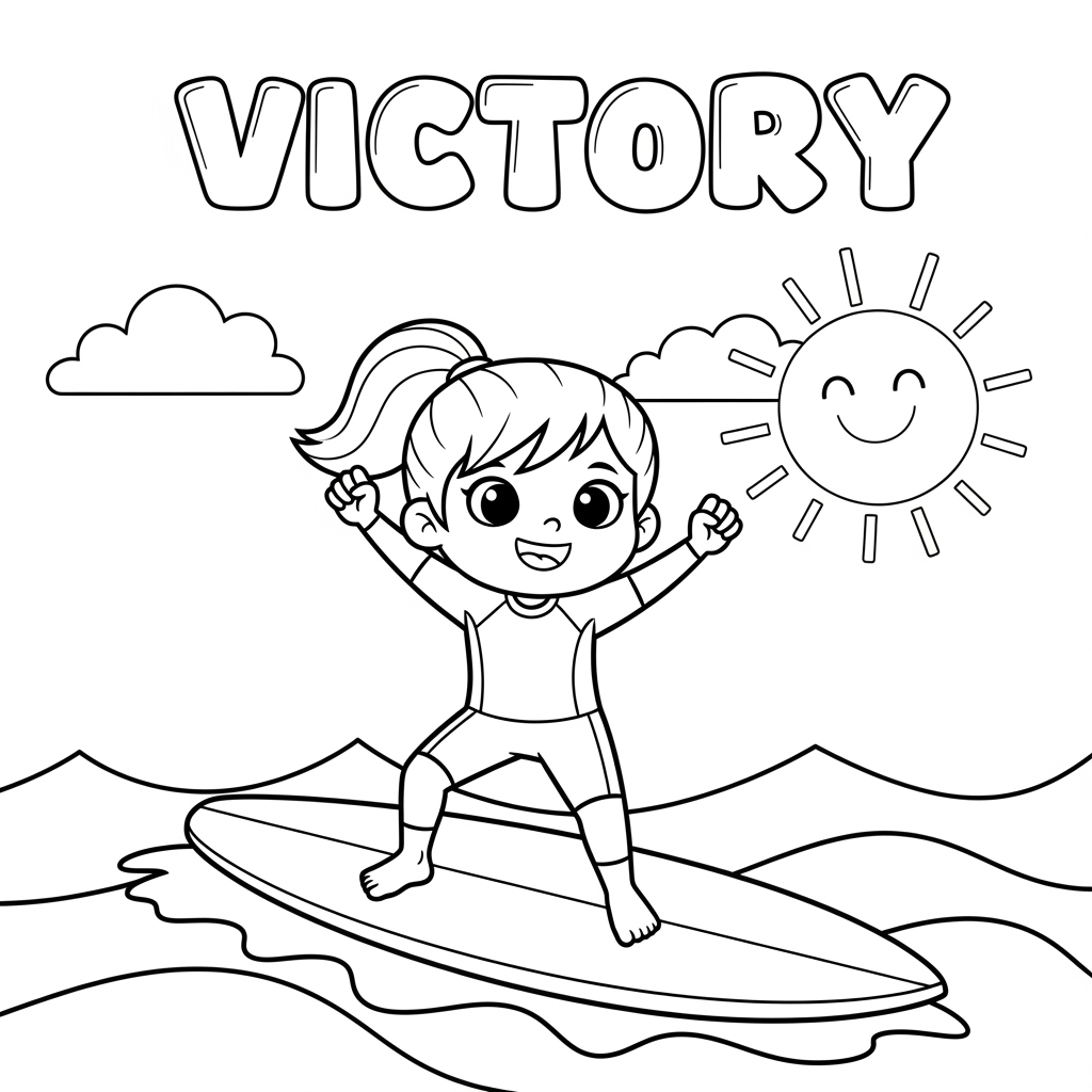 冲浪胜利动作儿童涂色页 Victory surfing coloring page free download