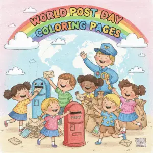 "World Post Day 填色页合集入口图，彩色铅笔风格，孩子们寄信和邮筒场景"