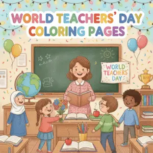 世界教师日彩色铅笔风格入口插图，教师学生互动庆祝，适合儿童填色页合集封面