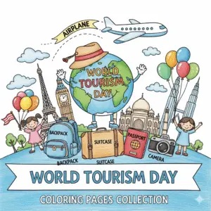 World Tourism Day coloring collection entrance image in colored pencil style with globe, airplane, backpack, suitcase, passport, camera and landmarks