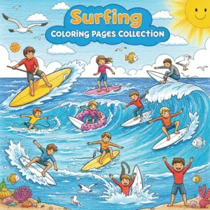 Colorful pencil style surfing moves collection entrance illustration with surfers performing paddling, takeoff, bottom turn, cutback, tube ride, floater, carve, aerial, wipeout, and victory