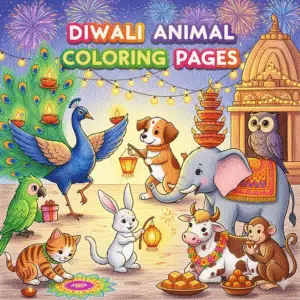Colorful pencil style Diwali animal collection entrance illustration with peacock, elephant, dog, owl, parrot, rabbit, cat, cow, and monkey in festive scene