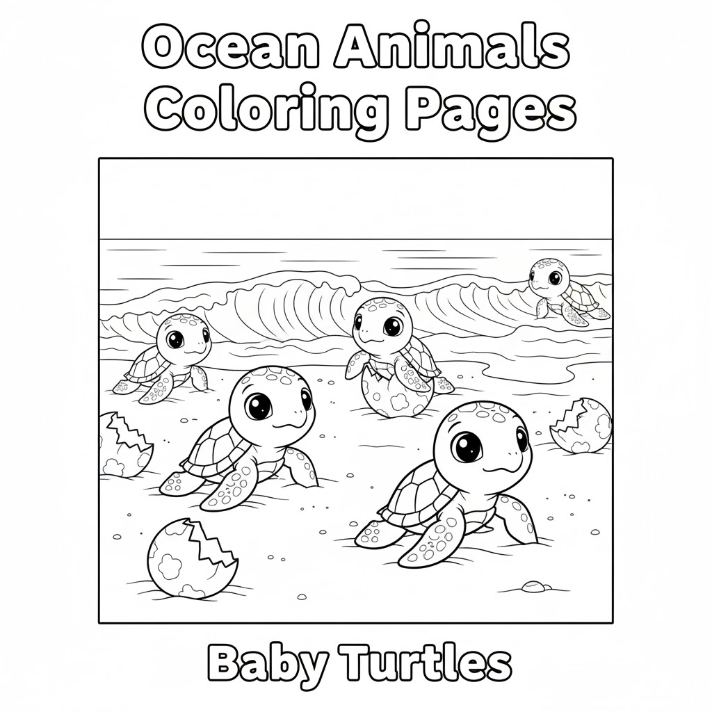 Baby turtles on the beach drawing for kids to color 沙滩上宝宝海龟儿童填色图,线条粗大适合上色