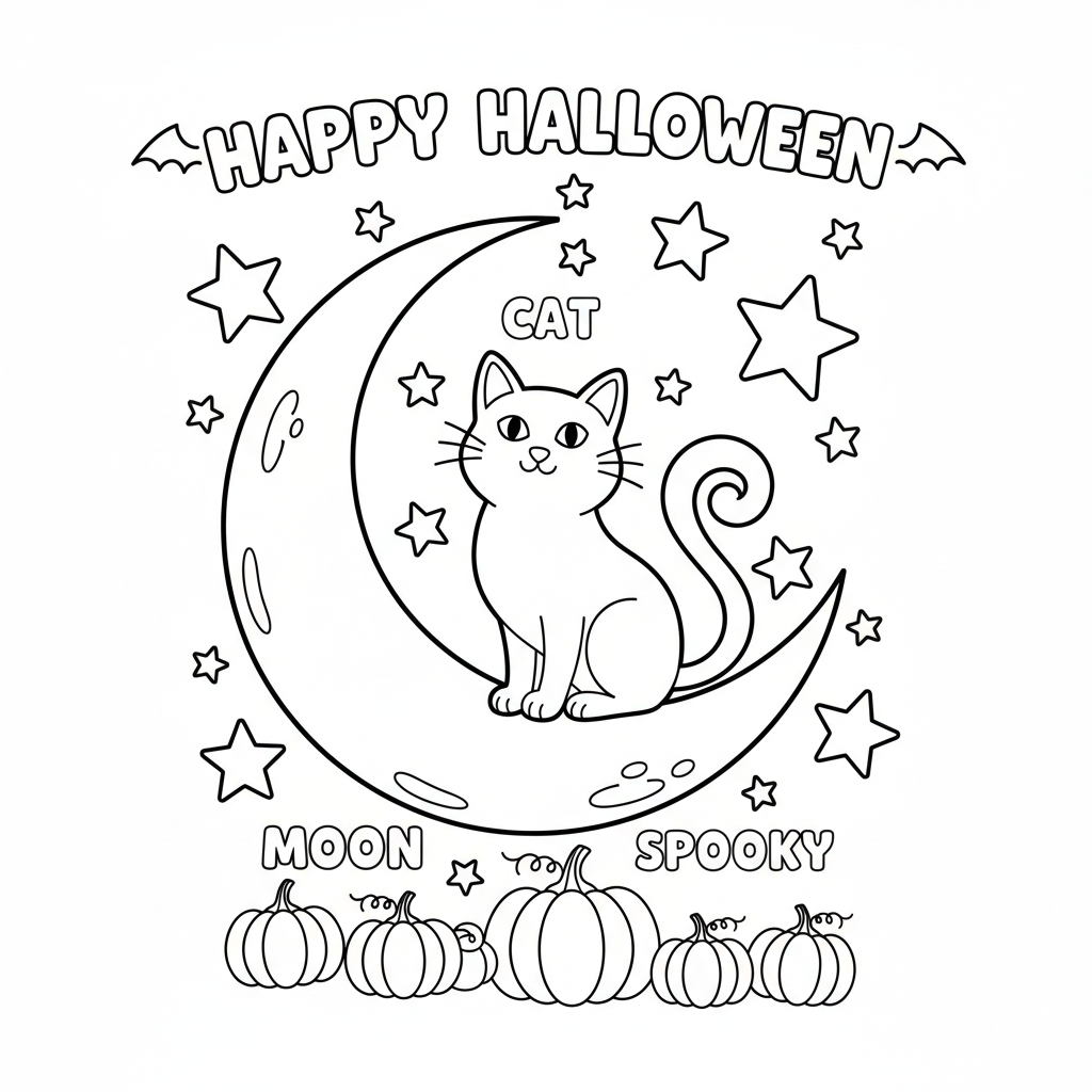 Black cat on the moon coloring page - silhouette of a black cat seated on a crescent moon with stars and clouds for kids to color